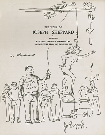 Joseph Sheppard, drawing dedicated to Massimo Del Chiaro on the first page of a catalogue